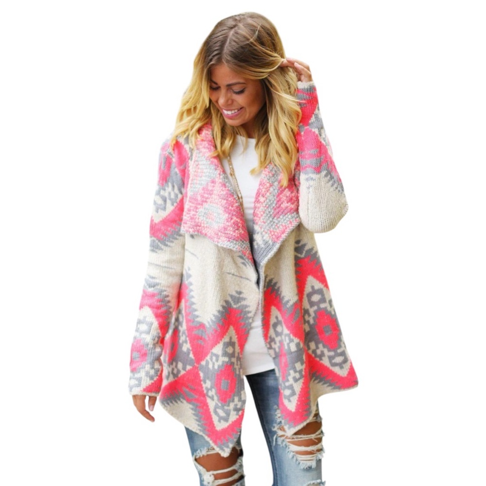 Kate Collection Thick Geometric Aztec Print Cardigan Sweater Neon Pink Tan Med